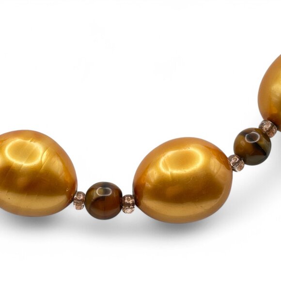 Vintage JOAN RIVERS Golden Egg Pearl Style Necklace with Tiger's Eye Beads - Picture 3 of 8